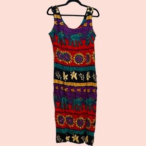 Vintage 90s Elephant & Floral Print Dress